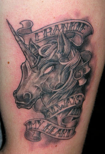 Frankie Always In My Heart Gothic Unicorn Tattoo On Bicep
