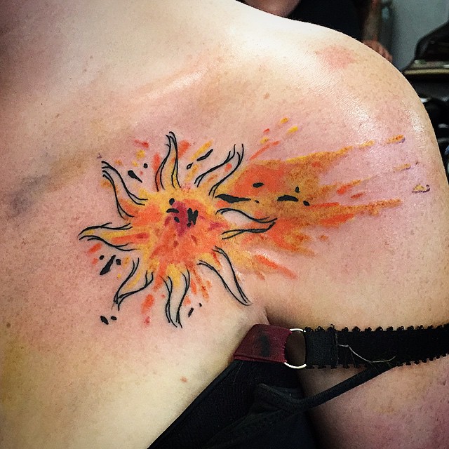 Front Shoulder Yellow Splash Ink Sun Tattoo