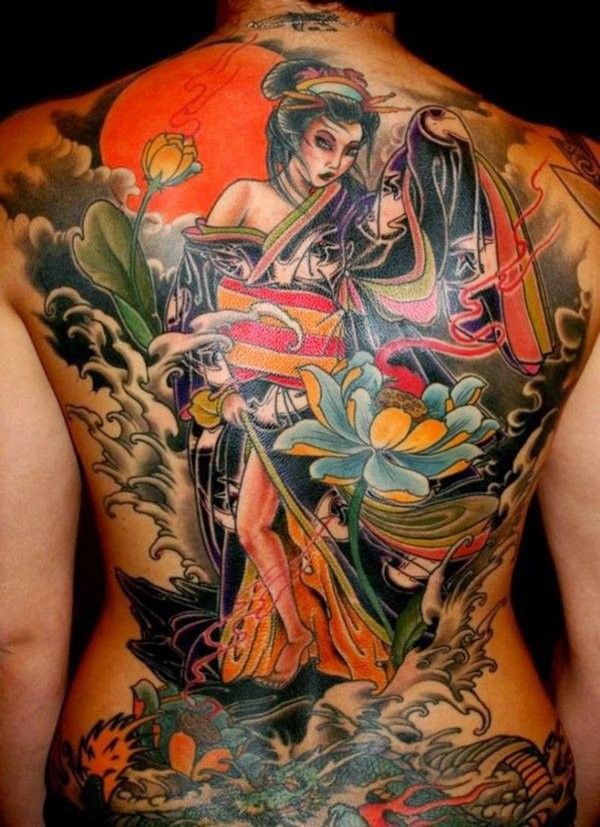Full Back Colored Geisha Tattoo Idea