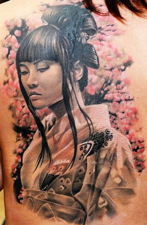 Full Back Geisha Tattoo For Girls