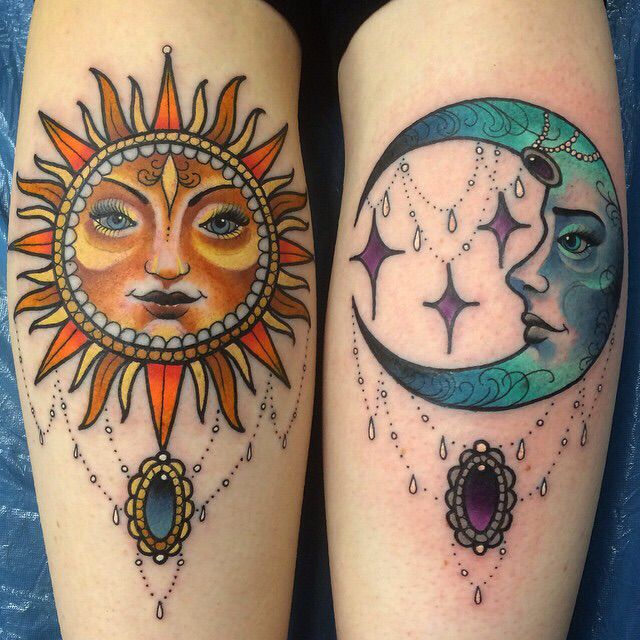 Full Sun And Half Gothic Moon Tattoo On Legs