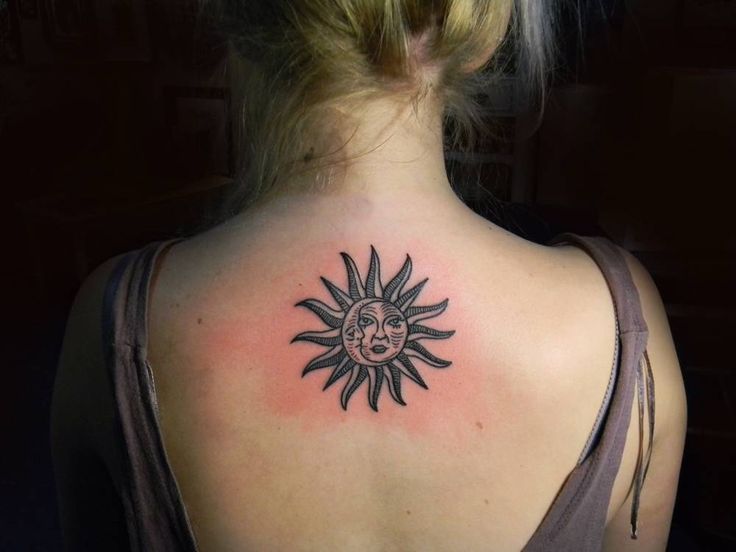 Full Sun and Moon Tattoo On Girl Upper Back
