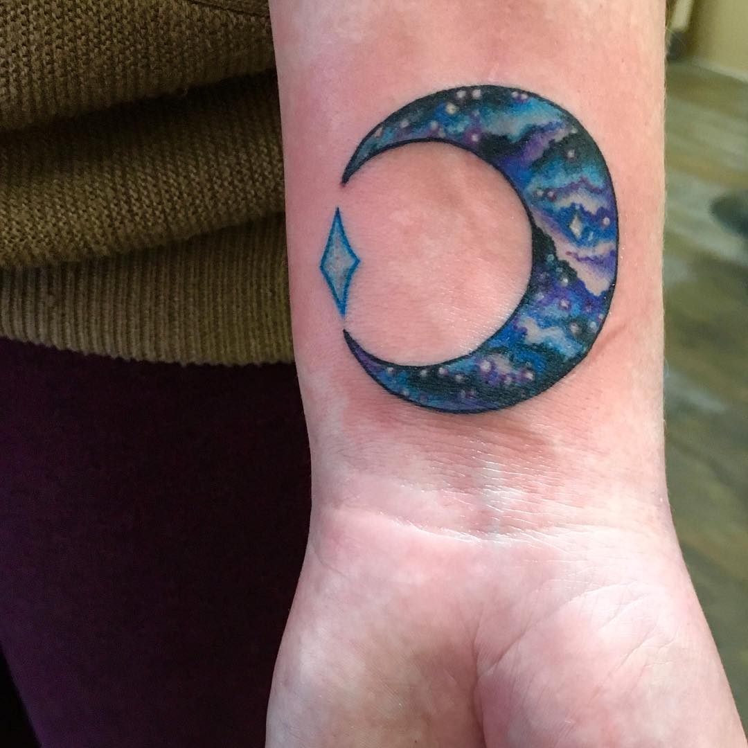 Galaxy Crescent Moon Tattoo On Wrist