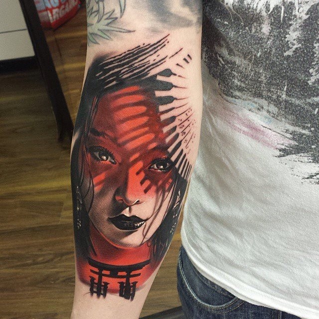 Geisha Girl Head Tattoo On Right Forearm