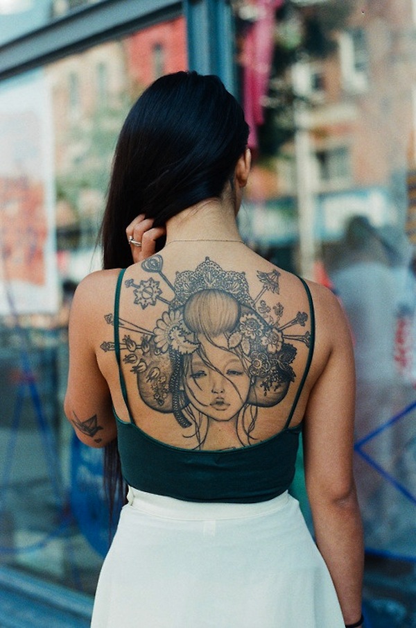 Geisha Head Tattoo On Girl Upper Back