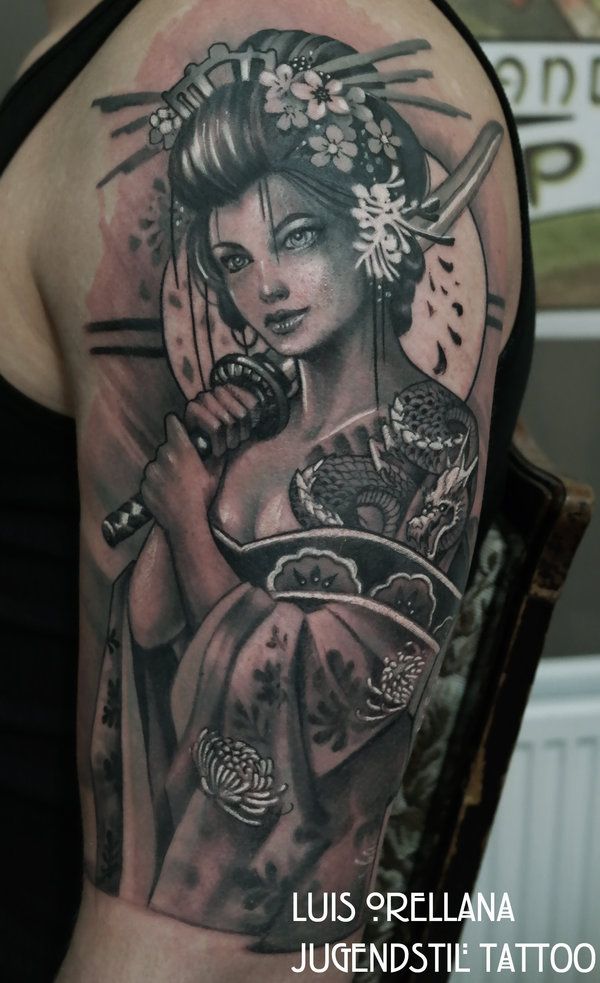 Geisha Tattoo On Left Half Sleeve by Luis Orellana
