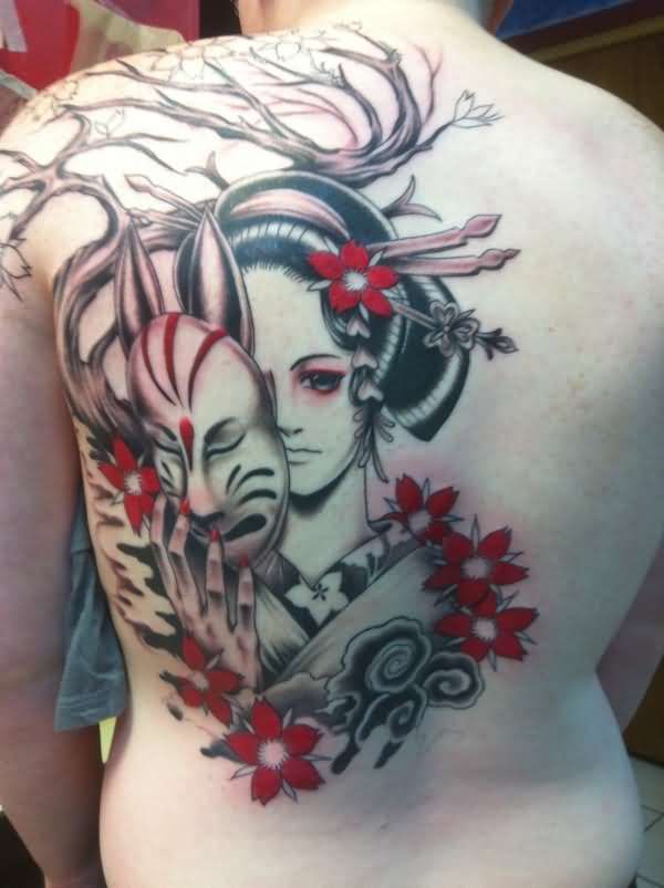 Geisha Tattoo With Mask In Hand Tattoo On Back