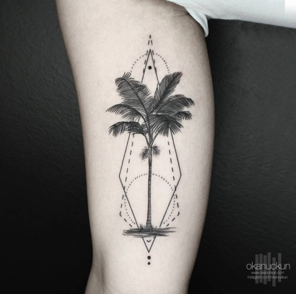 Geometric And Palm Tree Tattoo On Man Inner Bicep