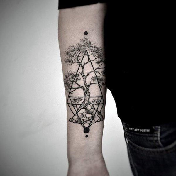 Geometric And Tree Tattoo On Arm Sleeve
