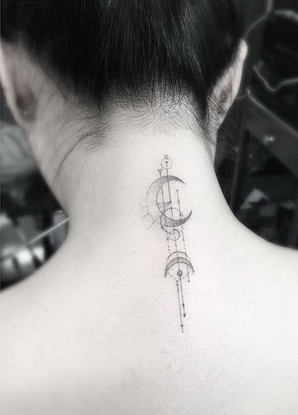 Geometric Moon Tattoo On Girl Nape