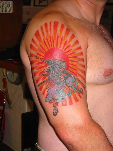 Ghost And Rising Sun Tattoo On Man Right Half Sleeve