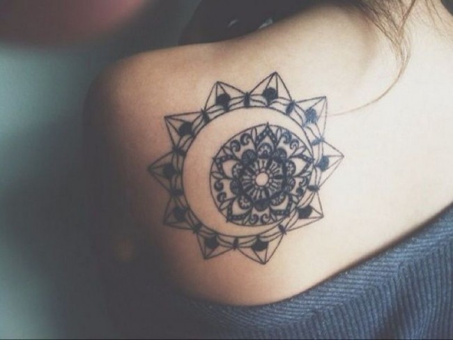 Girl Left Back Shoulder Sun Tattoo Idea