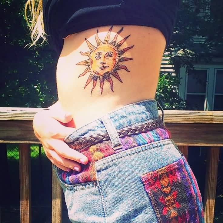 Girl Side Rib Sun Tattoo Idea