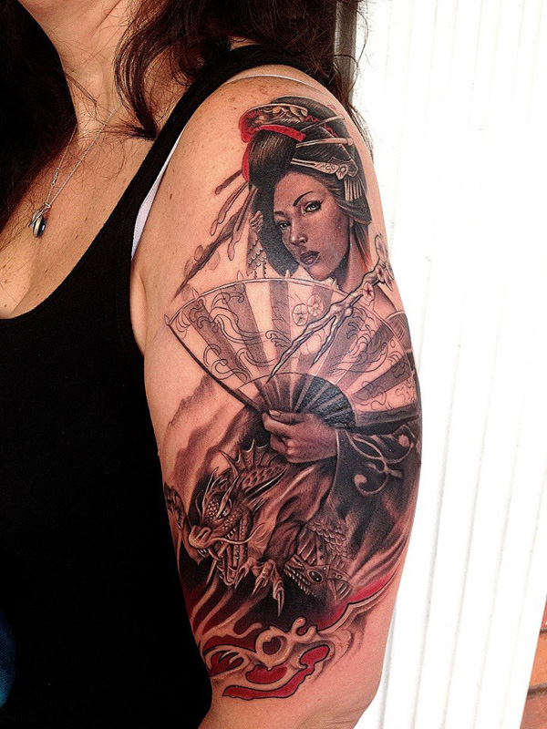 Girl With Geisha Tattoo On Left Half Sleeve