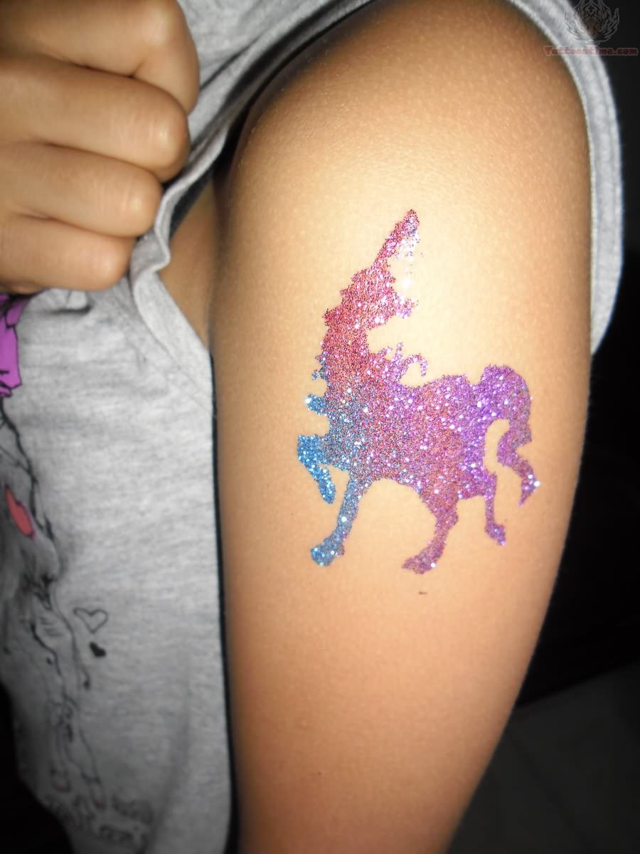 Glitter Feminine Unicorn Tattoo On Left Bicep
