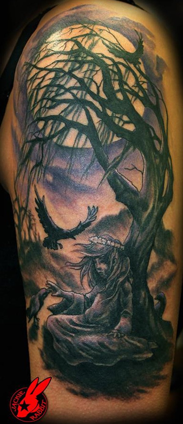 Gothic Moon And Tree Tattoo on Left Half Sleeve