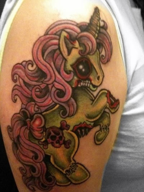 Gothic Pony Unicorn Tattoo On Right Half Sleeve