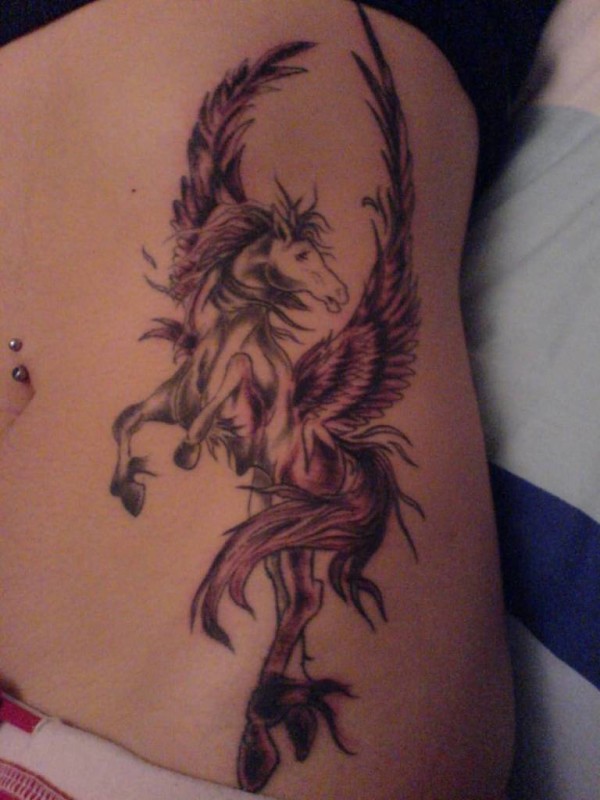 Gothic Unicorn Tattoo On Girl Side Rib