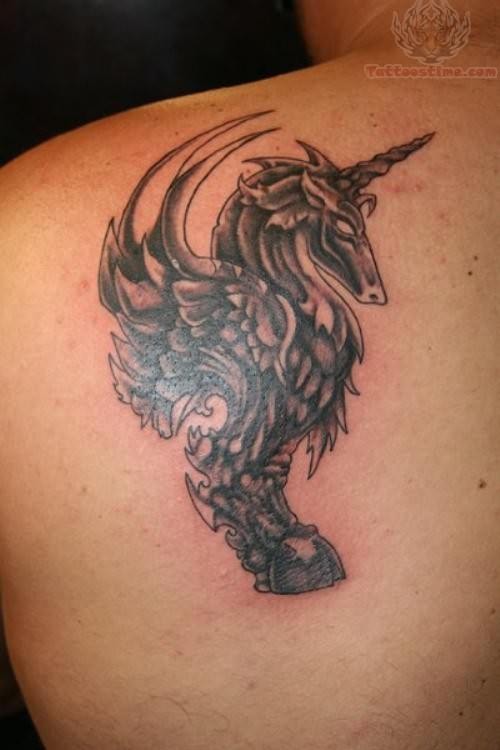 Gothic Unicorn Tattoo On Left Back Shoulder.