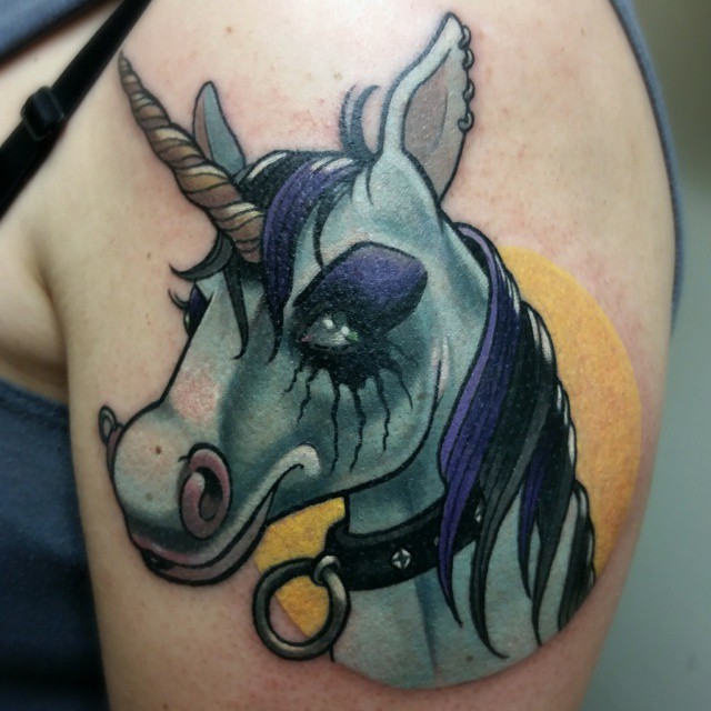 Gothic Unicorn Tattoo On Left Shoulder.