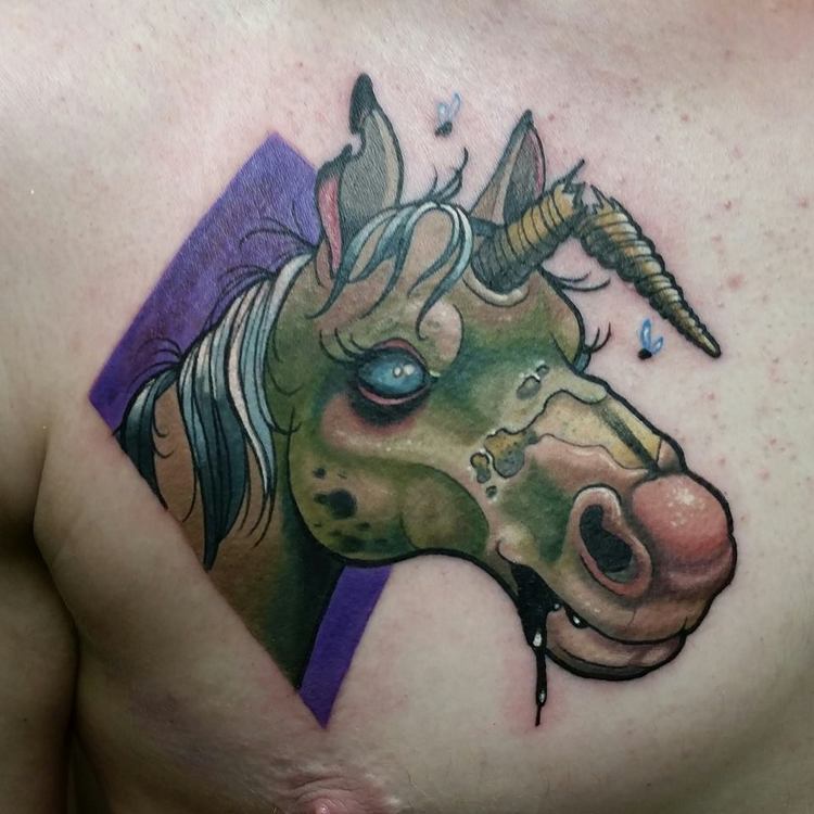 Gothic Unicorn Tattoo On Man Chest.