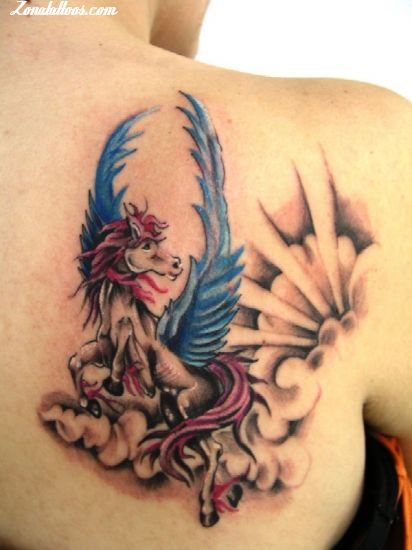 Gothic Unicorn Tattoo On Right Back Shoulder.