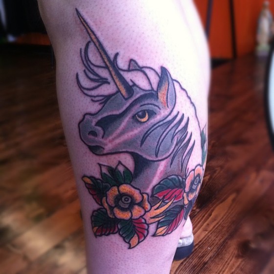 Gothic Unicorn Tattoo On Side Leg