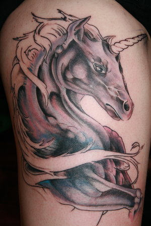 Gothic Unicorn Tattoo On Thigh For Men