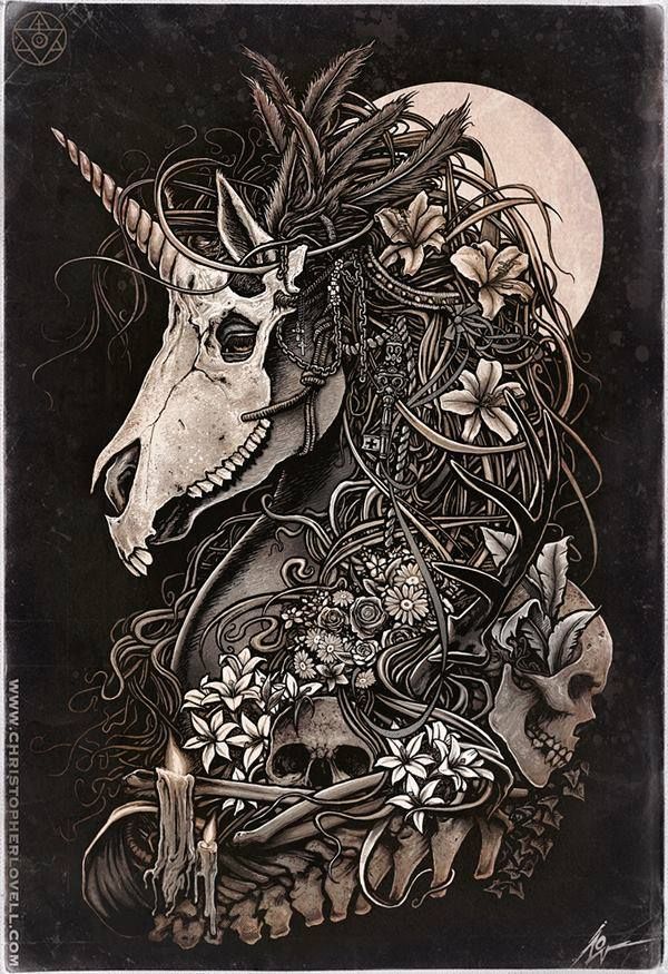 Gothic Unicorn With Skulls Tattoo Design