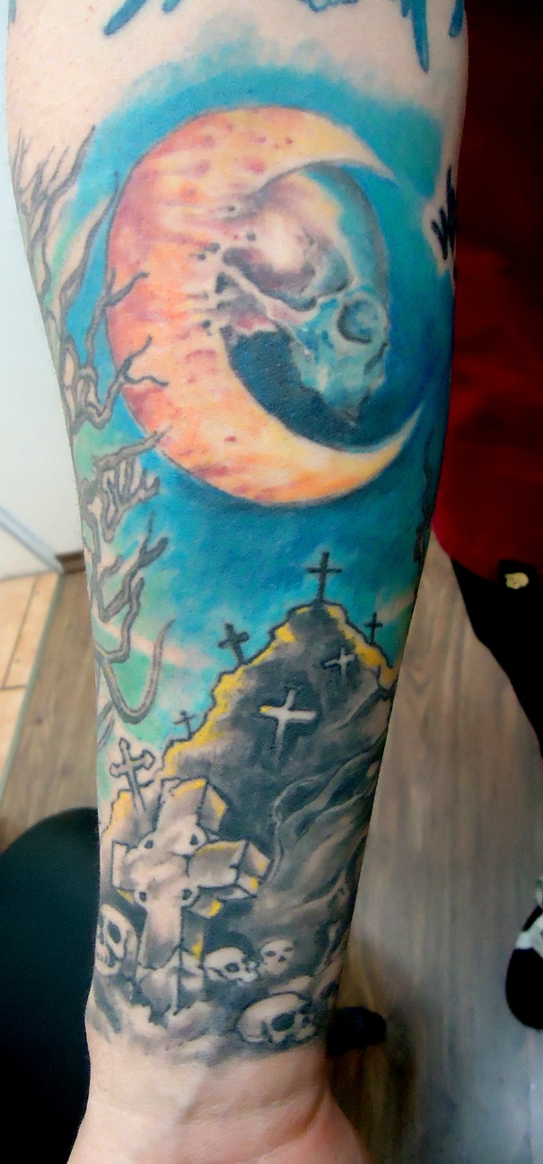 Graveyard And Crescent Moon Tattoo On Arm Sleeve
