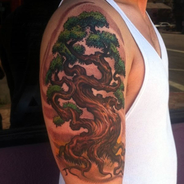 Green And Brown Ink Oak Tree Tattoo On Right Half Sleeve