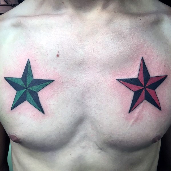 Green And Red Nautical Star Tattoos On Man Chest