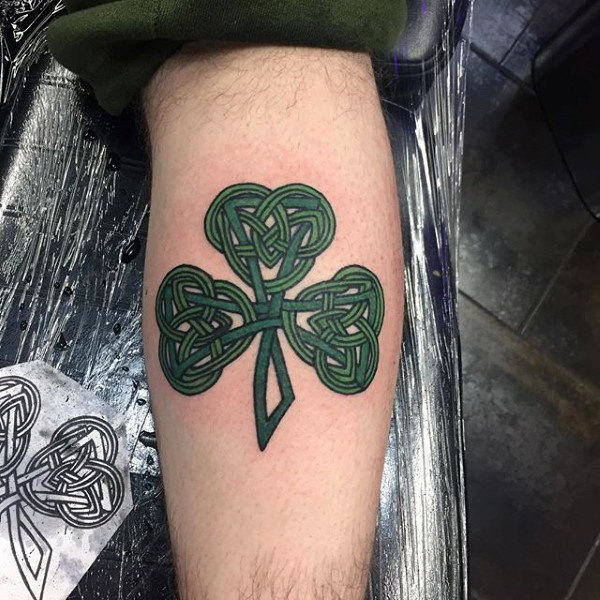 Green Celtic Shamrock Tattoo On Back Leg