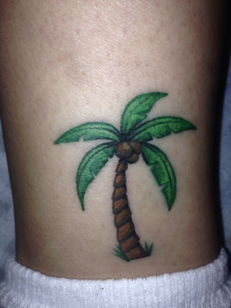 Green Ink Palm Tree Tattoo On Leg