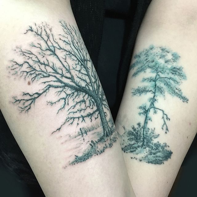 Grey And Black Ash Tree Tattoos On Arm