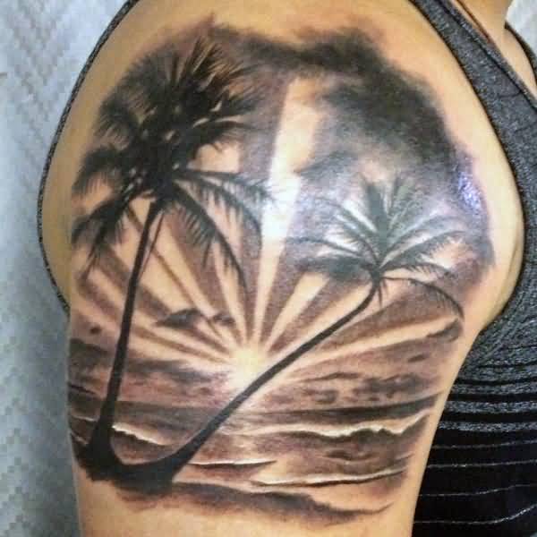 Grey And Black Beack View Palm Tree Tattoo On Shoulder
