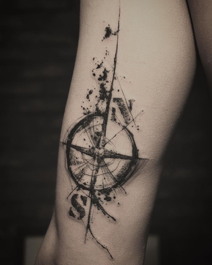 Grey And Black Compass Tattoo On Arm Sleeve