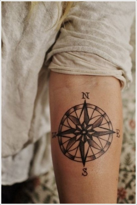 Grey And Black Compass Tattoo On Left Arm