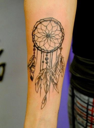 Grey And Black Dreamcatcher Tattoo On Right Forearm