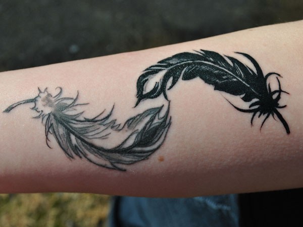 Grey And Black Feather Tattoos On Arm Sleeve