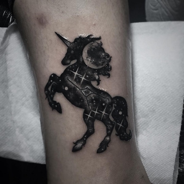 Grey And Black Feminine Unicorn Tattoo On Leg
