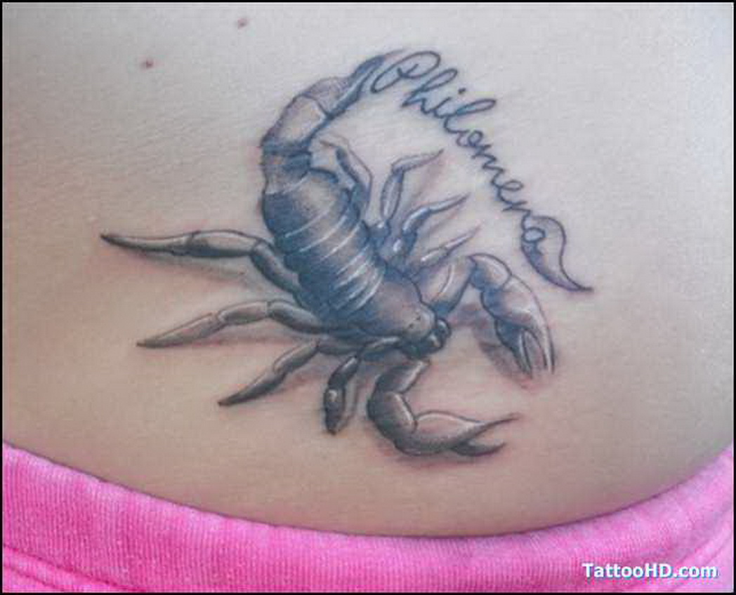 Grey And Black Girly Scorpion Tattoo On Lower Back