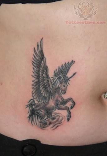 Grey And Black Gothic Unicorn Tattoo On Hip