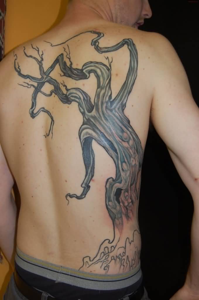 Grey And Black Ink Ash Tree Tattoo On Man Back