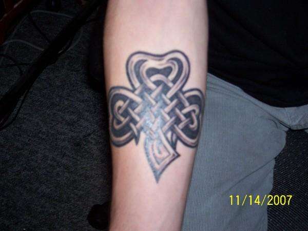 Grey And Black Ink Celtic Shamrock Tattoo On Right Forearm
