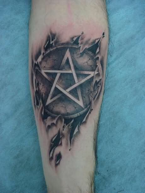 Grey And Black Ripped Skin Pentagram Star Tattoo