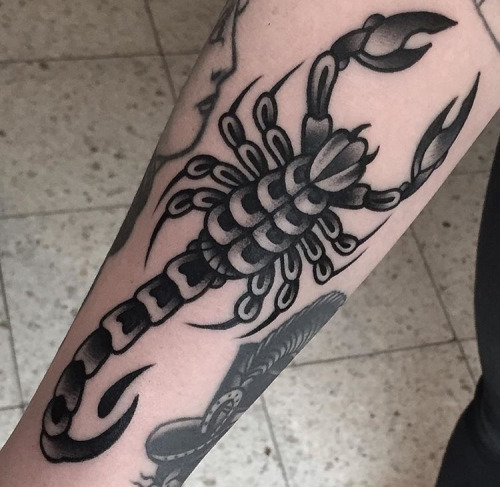 Grey And Black Scorpion Tattoo On Arm Sleeve
