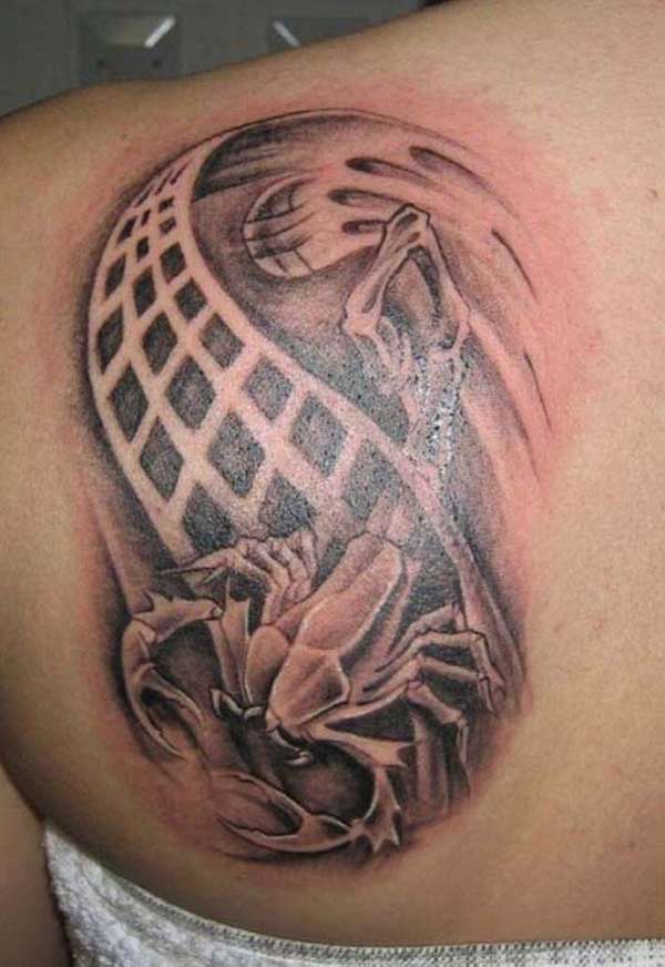 Grey And Black Scorpion Tattoo On Girl Left Back Shoulder