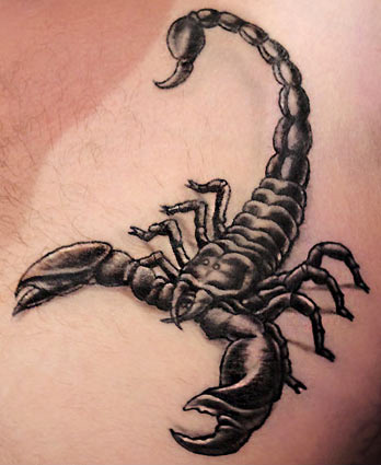 Grey And Black Scorpion Tattoo On Man Chest by Rohan rb