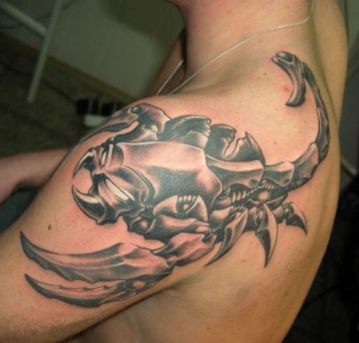 Grey And Black Scorpion Tattoo On Man Left Back Shoulder